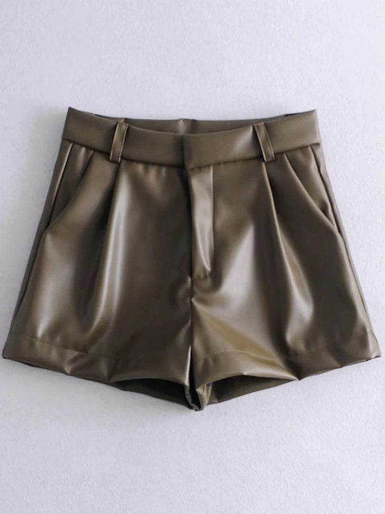 Women Fashion Faux Leather Shorts High Waist Side Pockets Vintage Zipper Fly Female Wide Leg Shorts Streetwear Ropa