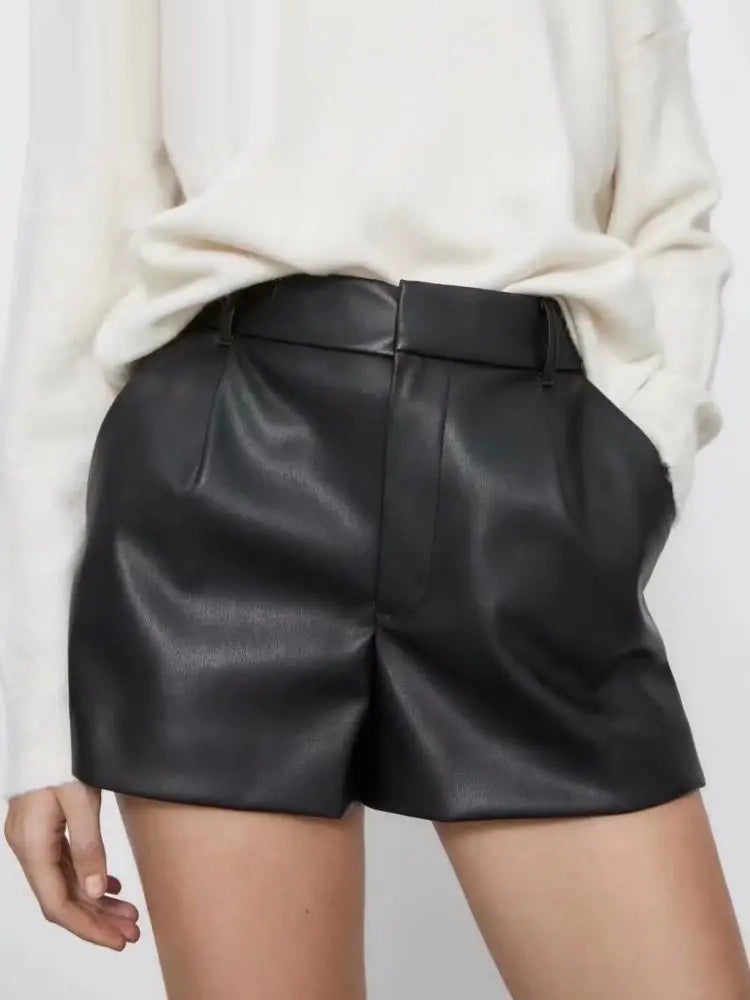 Women Fashion Faux Leather Shorts High Waist Side Pockets Vintage Zipper Fly Female Wide Leg Shorts Streetwear Ropa