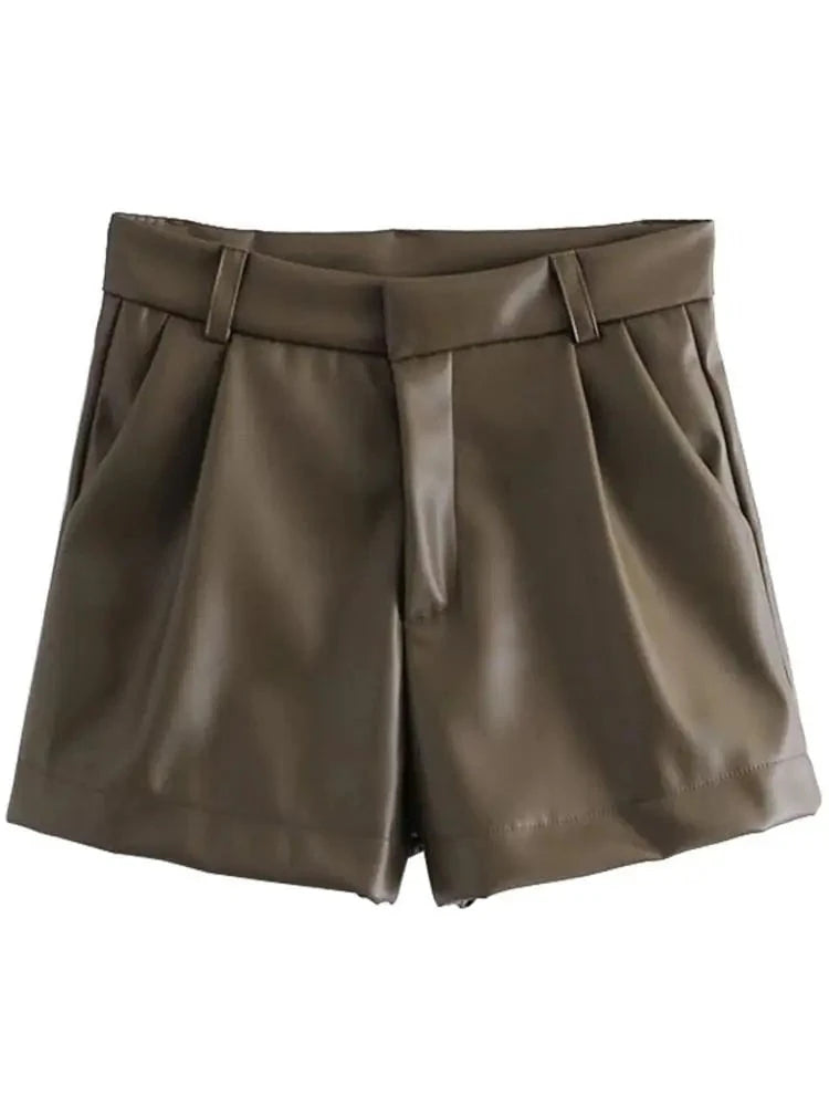 Women Fashion Faux Leather Shorts High Waist Side Pockets Vintage Zipper Fly Female Wide Leg Shorts Streetwear Ropa