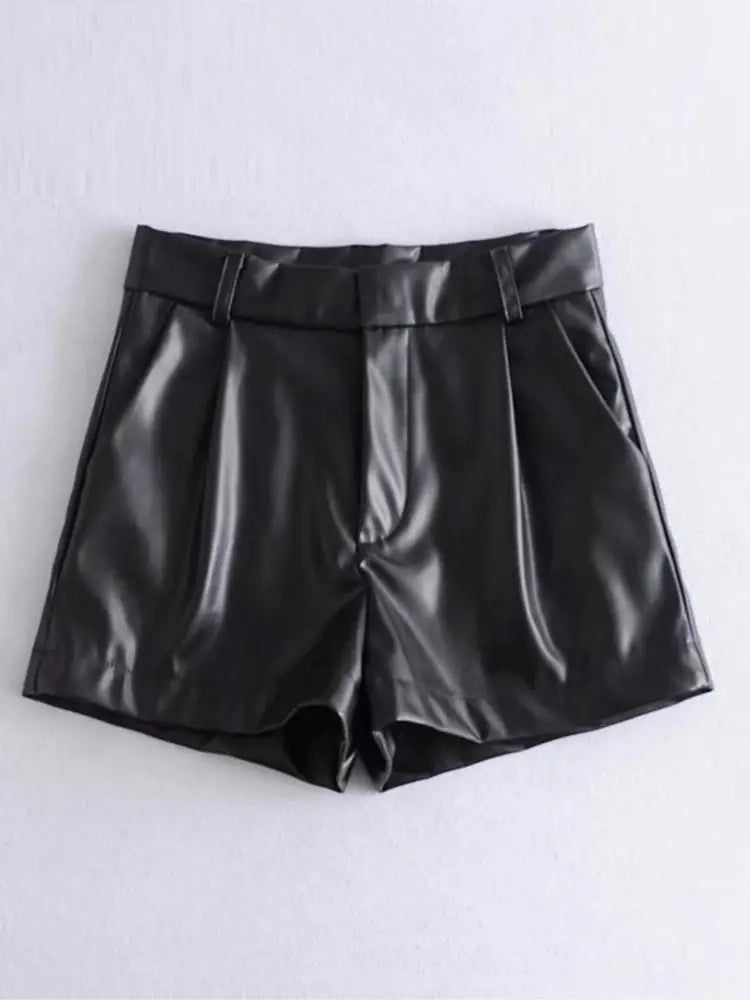 Women Fashion Faux Leather Shorts High Waist Side Pockets Vintage Zipper Fly Female Wide Leg Shorts Streetwear Ropa