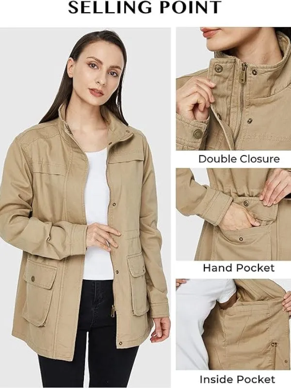 Women's Casual Military Jacket Cotton Stand Collar Utility Anorak Coat