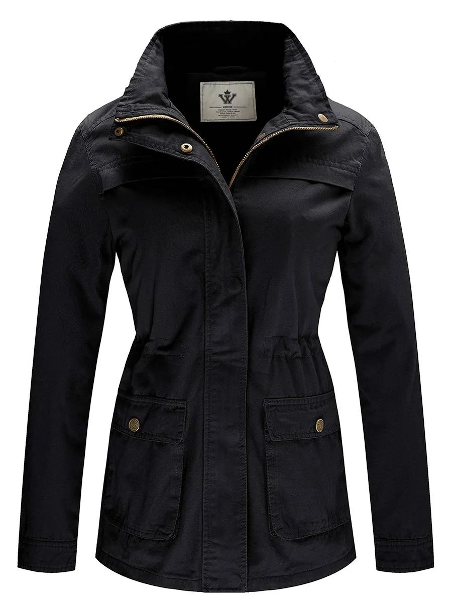 Women's Casual Military Jacket Cotton Stand Collar Utility Anorak Coat