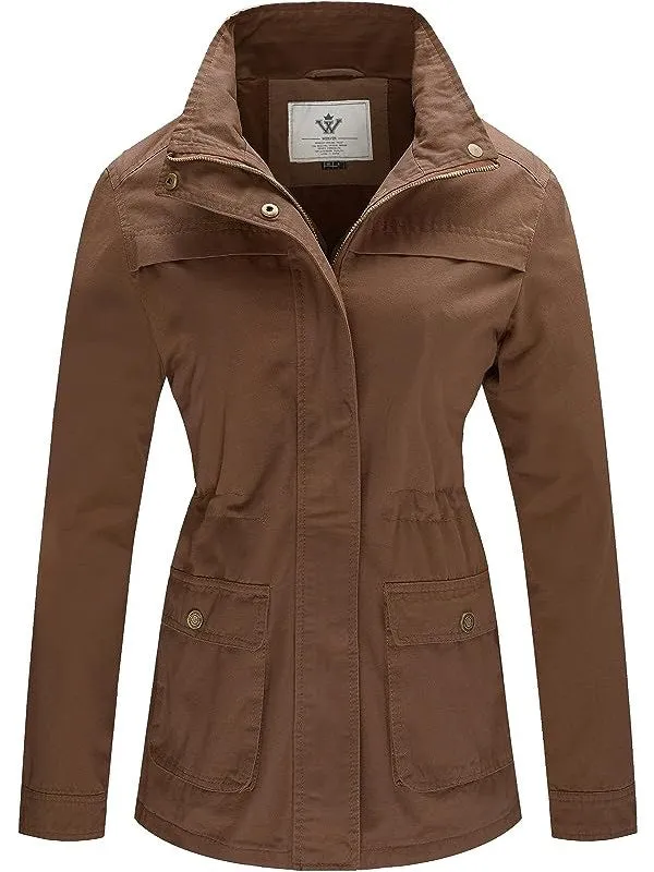 Women's Casual Military Jacket Cotton Stand Collar Utility Anorak Coat