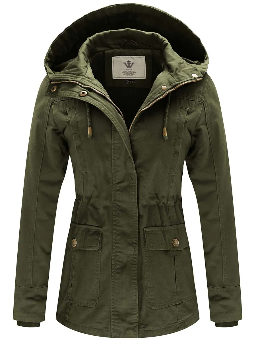 Women's Cotton Military Jacket Lightweight Casual Anorak Coat with Hood