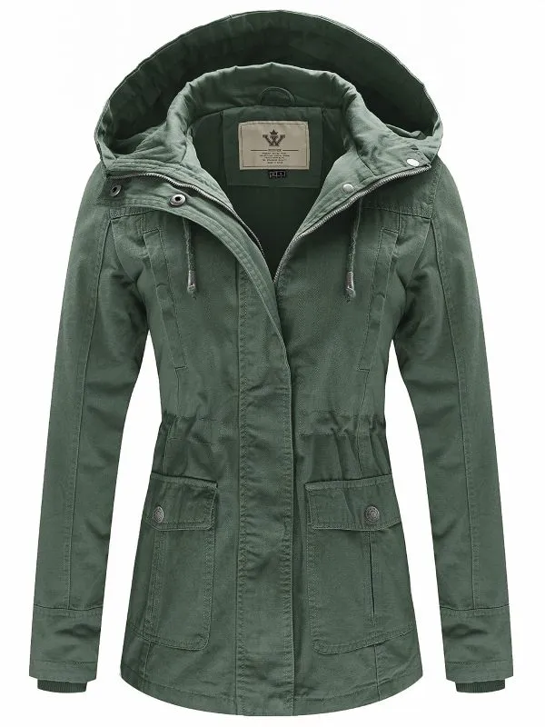 Women's Cotton Military Jacket Lightweight Casual Anorak Coat with Hood