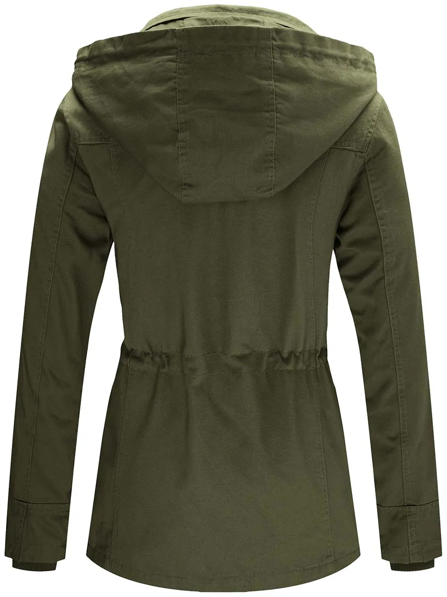 Women's Cotton Military Jacket Lightweight Casual Anorak Coat with Hood