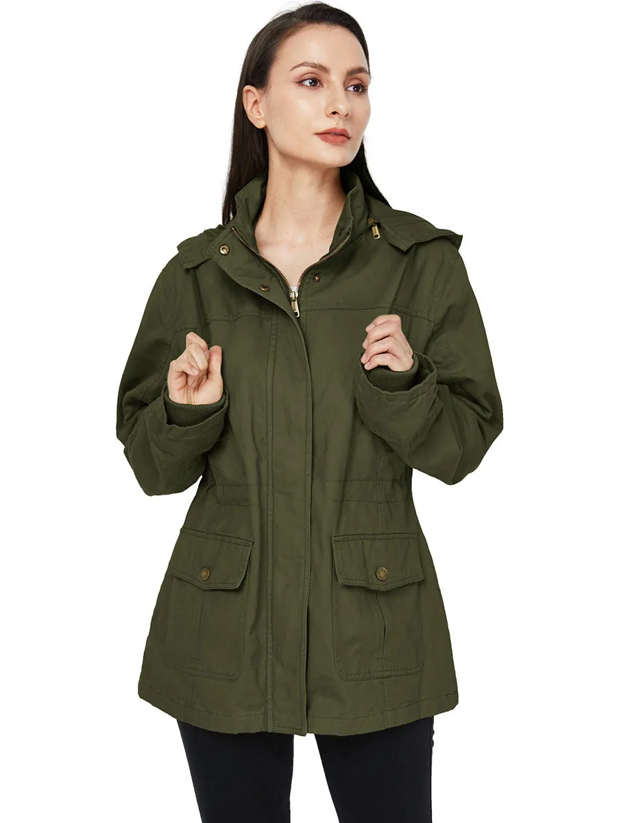 Women's Cotton Military Jacket Lightweight Casual Anorak Coat with Hood