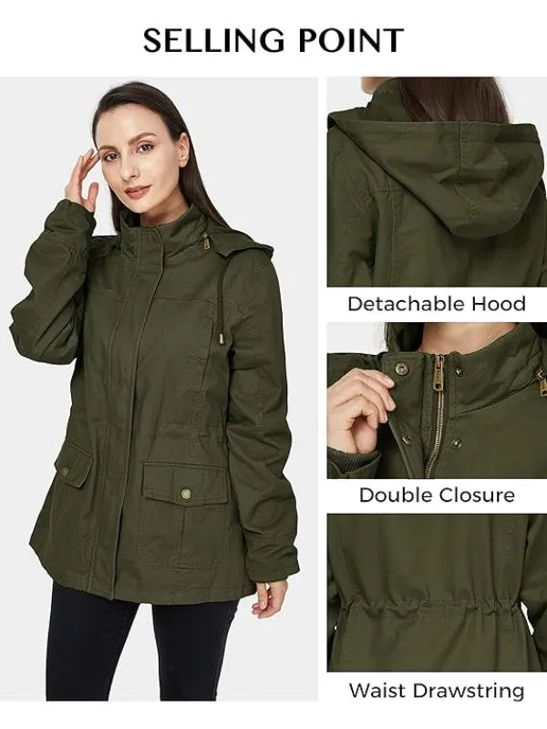 Women's Cotton Military Jacket Lightweight Casual Anorak Coat with Hood