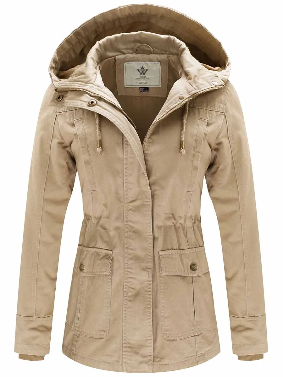 Women's Cotton Military Jacket Lightweight Casual Anorak Coat with Hood