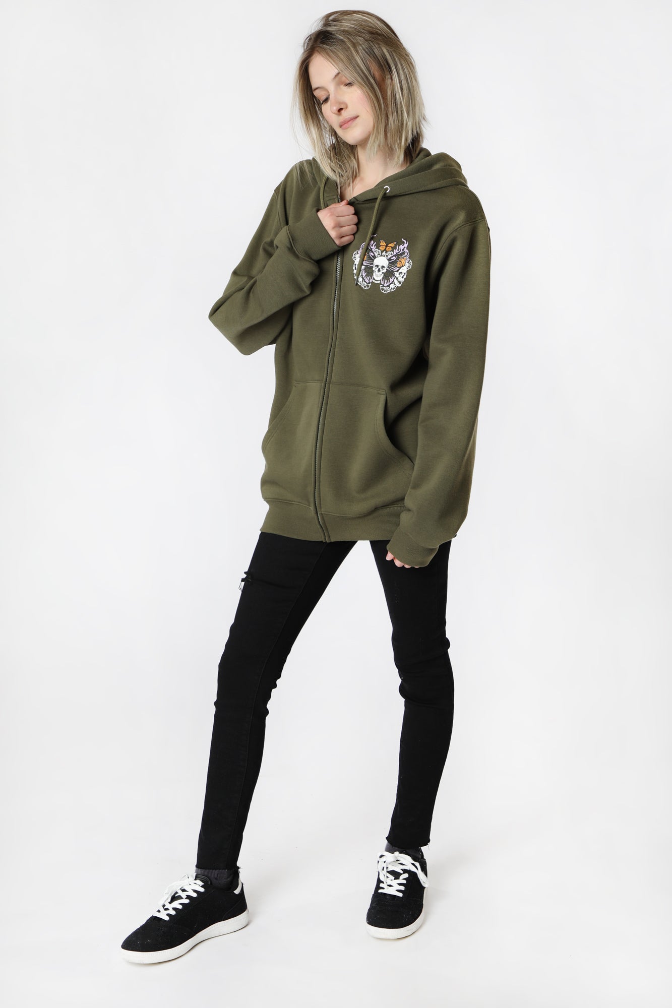 Womens Enygma Graphic Zip-Up Olive Green Hoodie